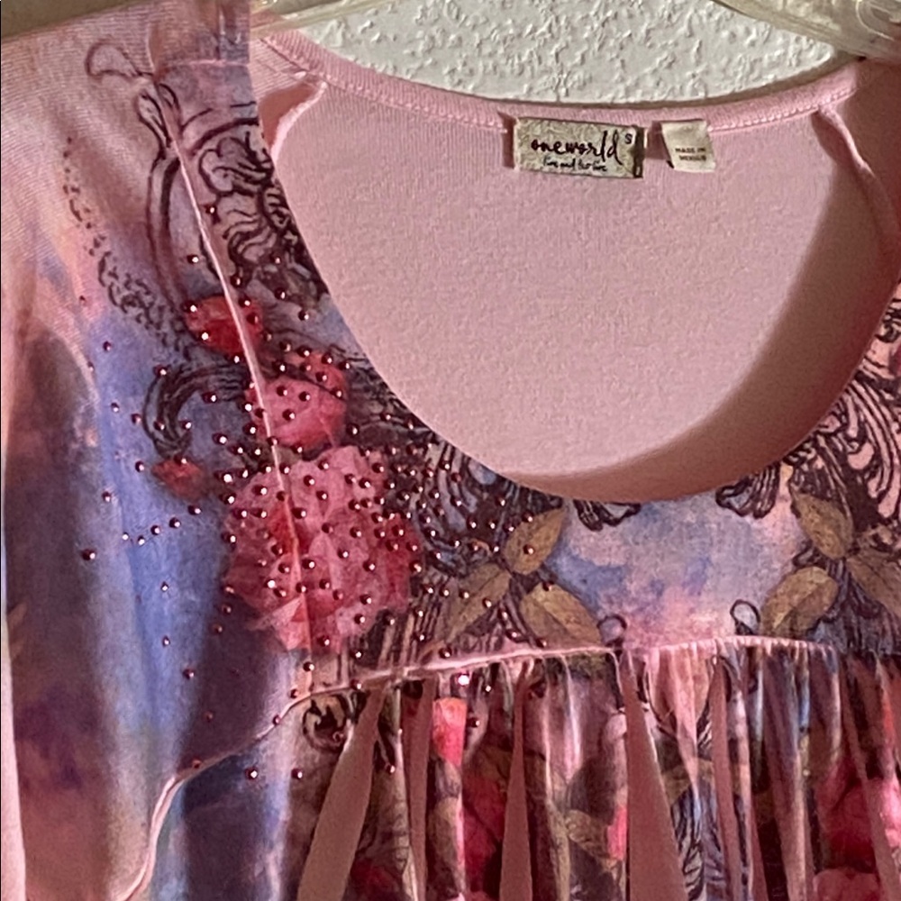 ONE WORLD Pink and Blue Embellished Blouse